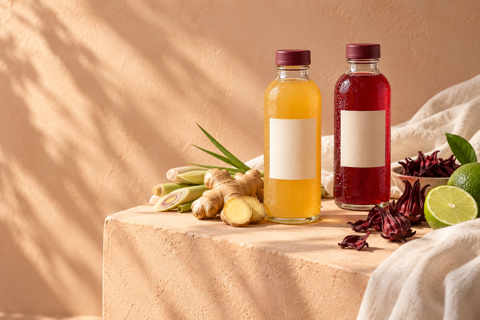 Visual AI dua botol jus herba konsep dengan ramuan halia, serai dan roselle